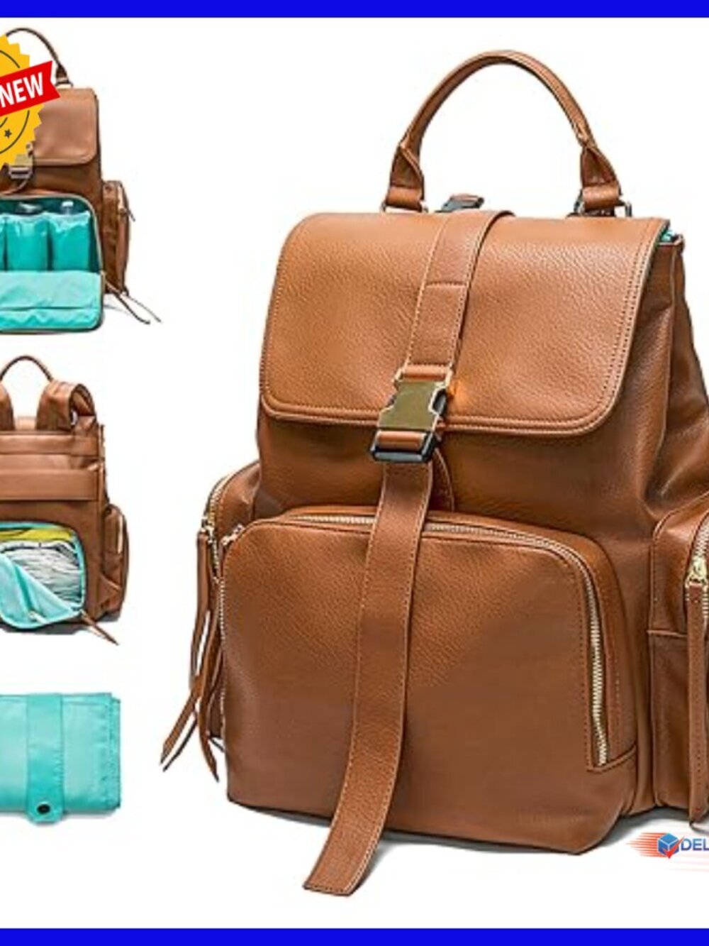 Leather Diaper Backpack with 14 Pockets, Insulated Compartments, Changing Pad